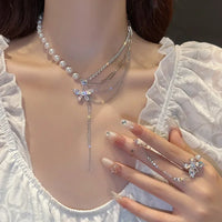 Summer Blue Crystal Stone Butterfly Pendant Double Layer Necklace for Women Fashion Daily Accessory Party Jewelry Birthday Gifts